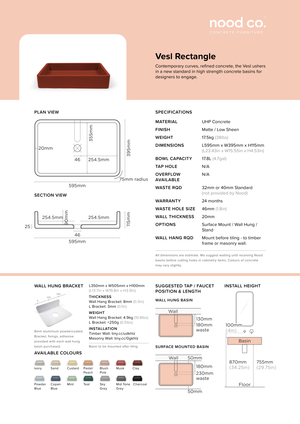 Nood Co. VESL RECTANGLE BASIN - WALL HUNG - MUSHROOM - Image 2
