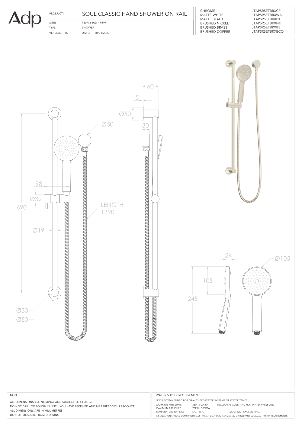 ADP Soul Classic Hand Shower On Rail - Chrome - Image 3