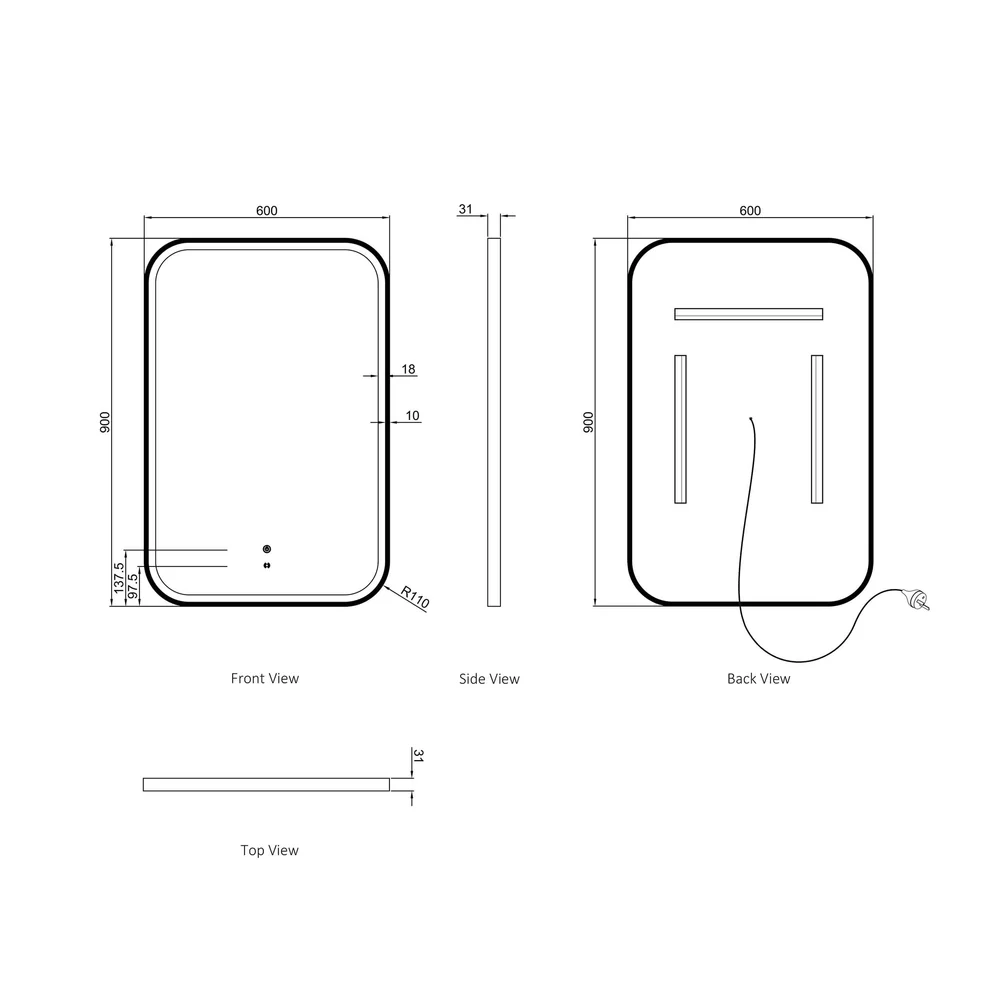 Otti LED Newport 900(H)x600(W) Gold Metal Frame Tuffi Mirror- Install Horizontal or Vertical - Image 2