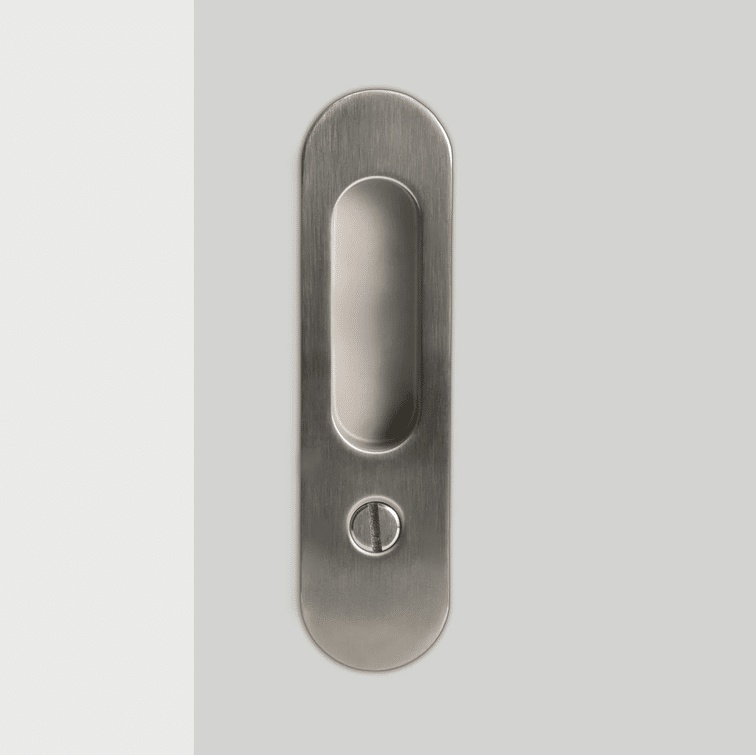 Flush pull cavity slider in brushed stainless steel